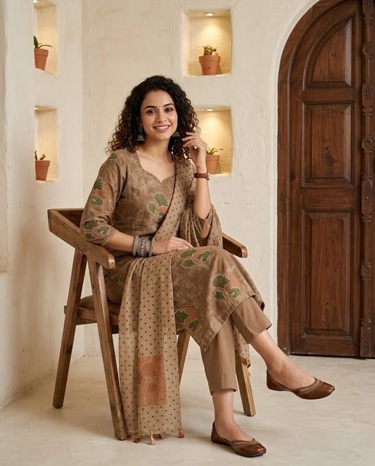 Banarasi Mul Chanderi Unstitched Suit Set with Fine Aari Embroidery & Polka Dupatta