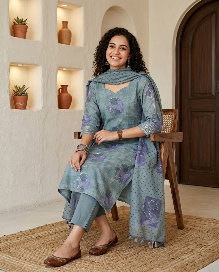 Banarasi Mul Chanderi Unstitched Suit Set with Fine Aari Embroidery & Polka Dupatta