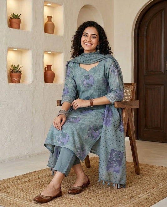Banarasi Mul Chanderi Unstitched Suit Set with Fine Aari Embroidery & Polka Dupatta