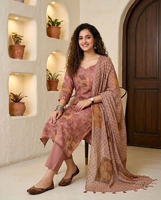 Banarasi Mul Chanderi Unstitched Suit Set with Fine Aari Embroidery & Polka Dupatta