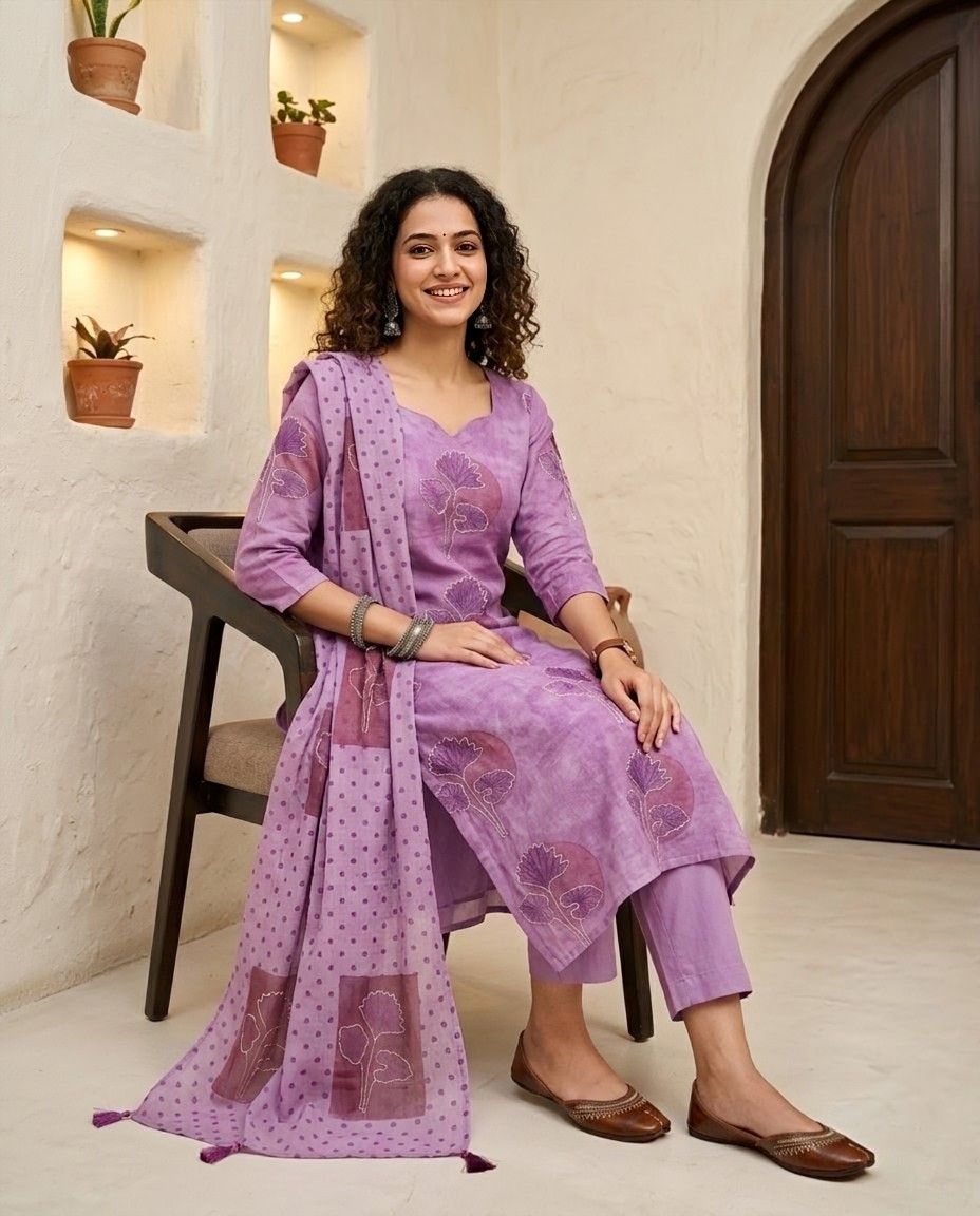 Banarasi Mul Chanderi Unstitched Suit Set with Fine Aari Embroidery & Polka Dupatta