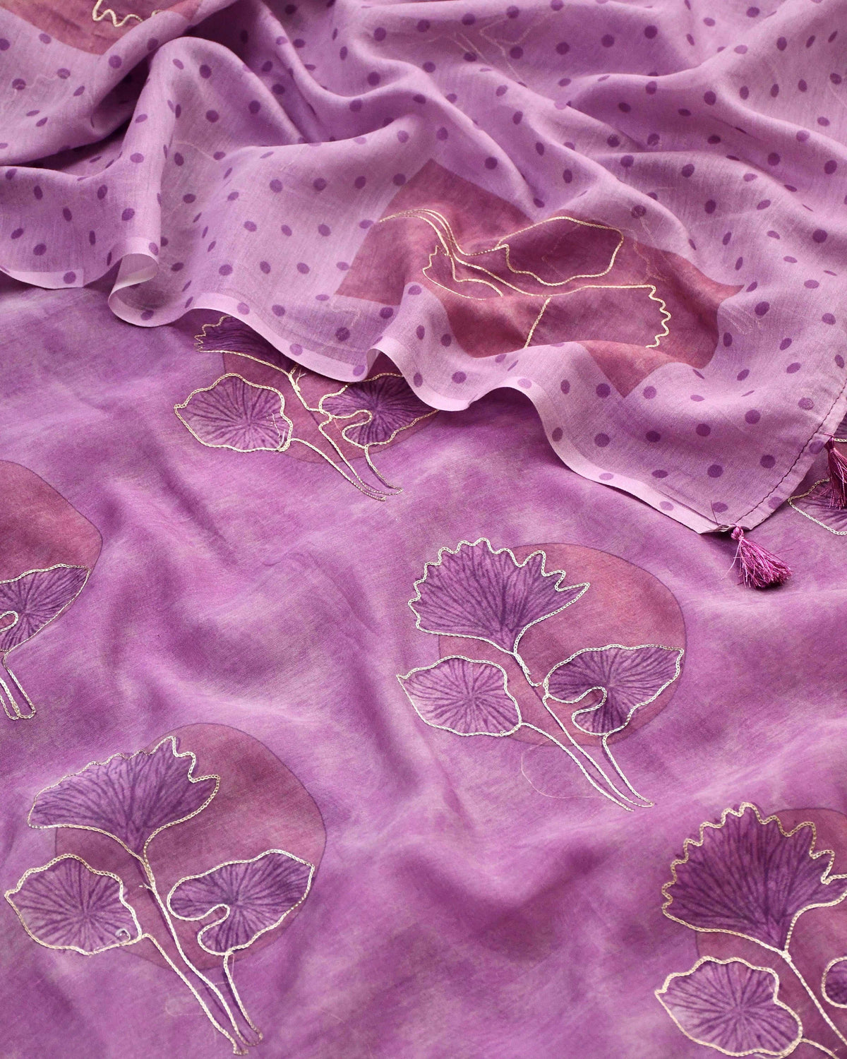Banarasi Mul Chanderi Unstitched Suit Set with Fine Aari Embroidery & Polka Dupatta