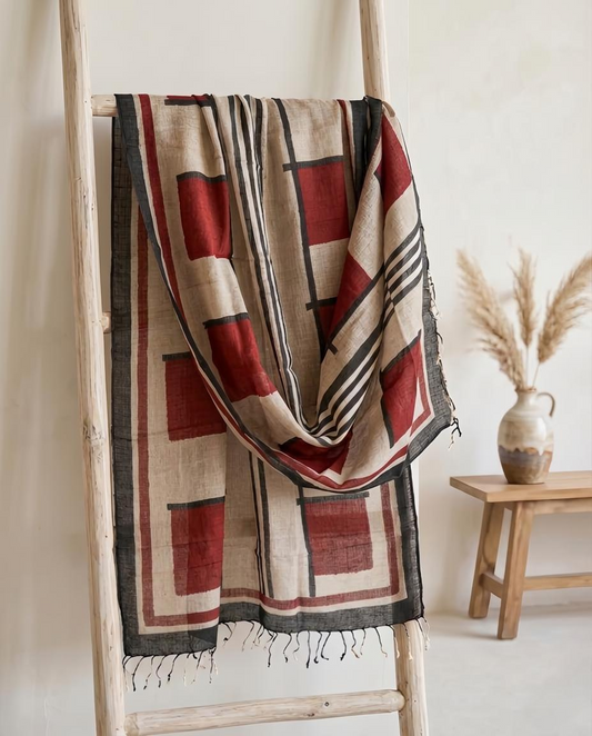Artisan Hand-Block Printed Pure Linen Dupatta | Contemporary Minimalist Ethnic Wrap