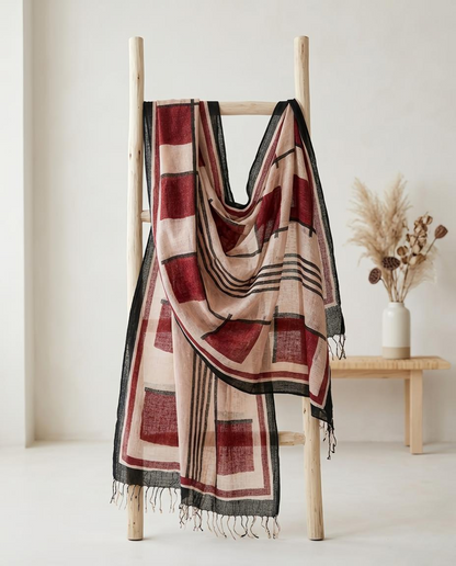Artisan Hand-Block Printed Pure Linen Dupatta | Contemporary Minimalist Ethnic Wrap