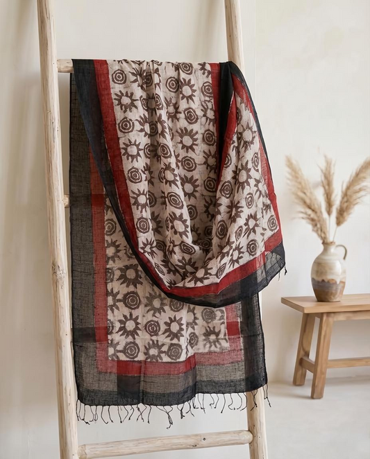Artisan Hand-Block Printed Pure Linen Dupatta | Contemporary Minimalist Ethnic Wrap