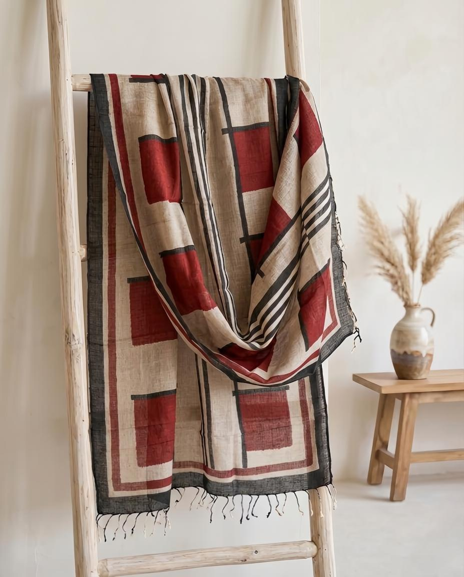 Artisan Hand-Block Printed Pure Linen Dupatta | Contemporary Minimalist Ethnic Wrap