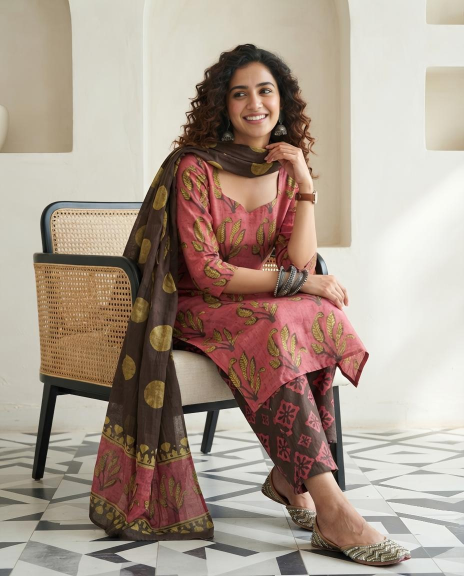 Natural Pomegranate Dye Premium Cotton Unstitched Suit Set