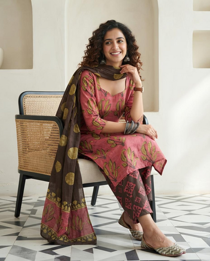 Natural Pomegranate Dye Premium Cotton Unstitched Suit Set