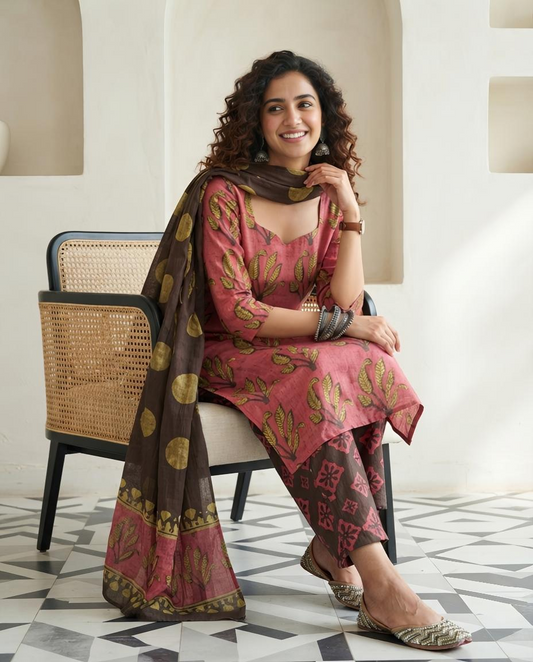 Natural Pomegranate Dye Premium Cotton Unstitched Suit Set
