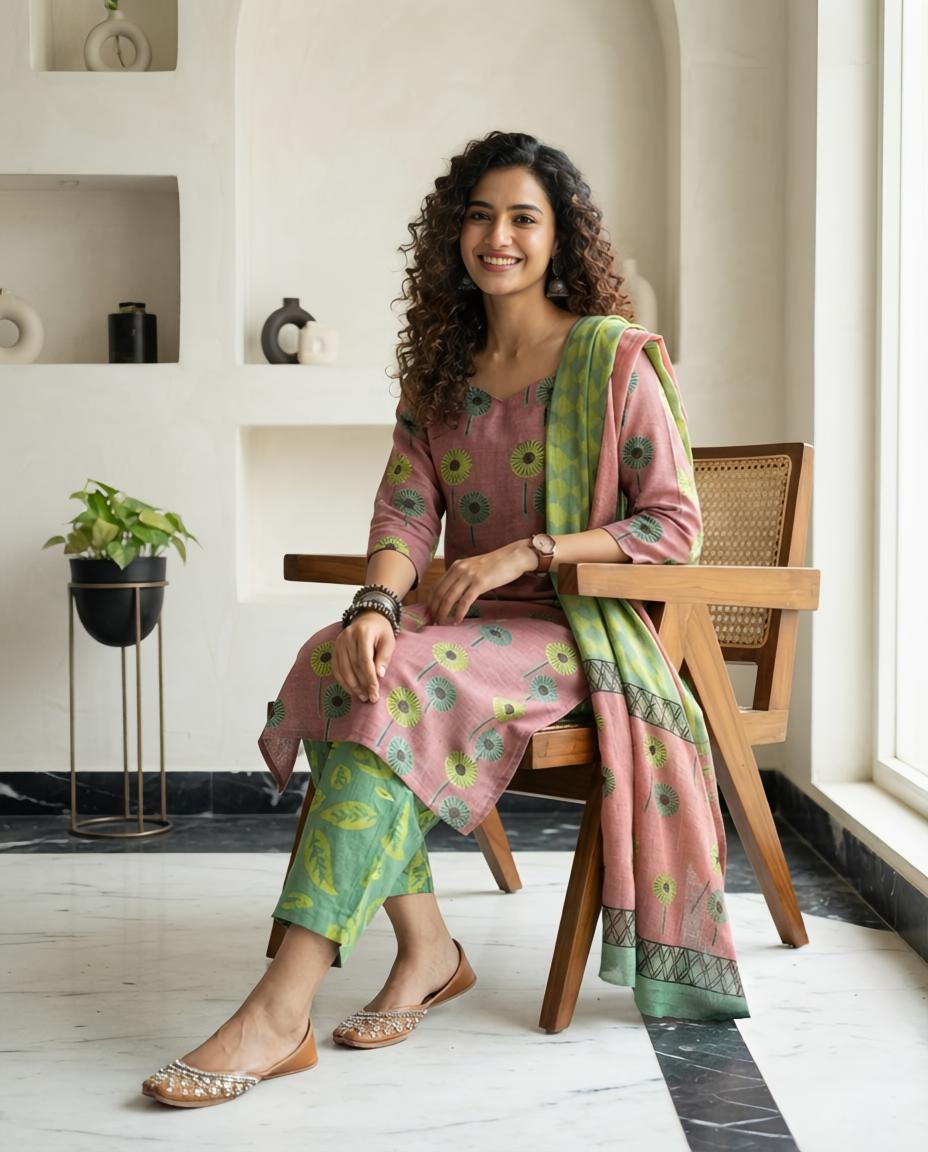 Natural Pomegranate Dye Premium Cotton Unstitched Suit Set