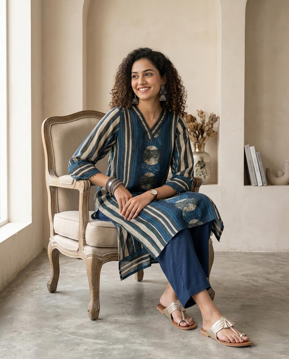 Indigo Blue Striped Muslin Ready to Wear 2 Piece Suit Set