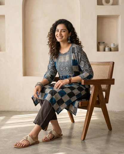 Blue and Grey Checked Muslin Ready to Wear 2 Piece Suit Set