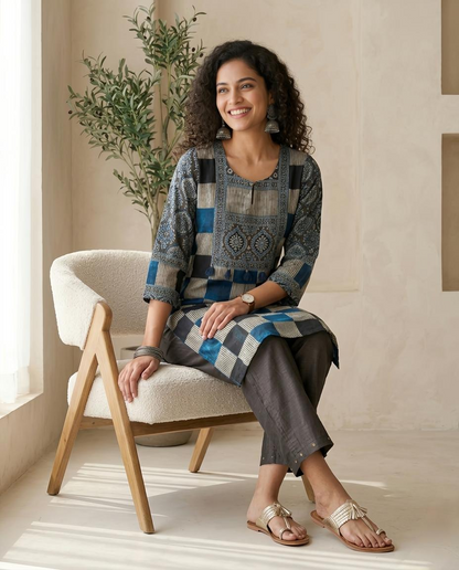 Blue and Grey Checked Muslin Ready to Wear 2 Piece Suit Set