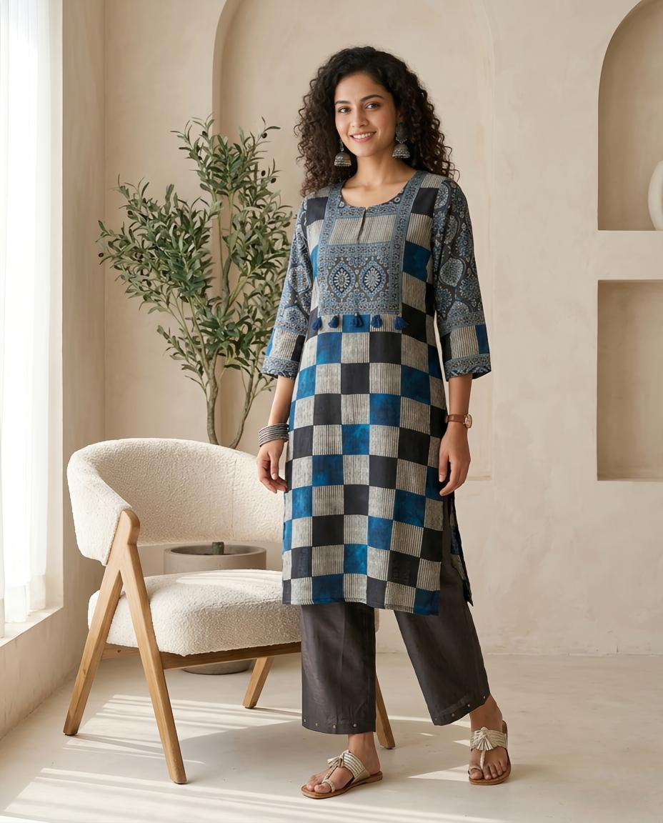 Blue and Grey Checked Muslin Ready to Wear 2 Piece Suit Set