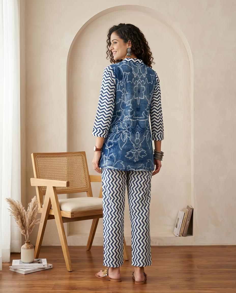 Indigo Blue Printed Linen 2-Piece Co-ord Set for Women