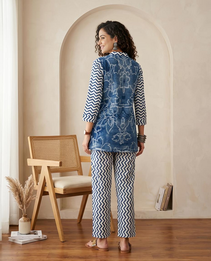 Indigo Blue Printed Linen 2-Piece Co-ord Set for Women