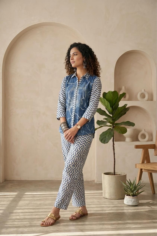 Indigo Blue Printed Linen 2-Piece Co-ord Set for Women