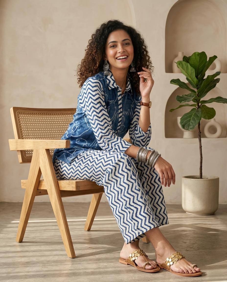 Indigo Blue Printed Linen 2-Piece Co-ord Set for Women