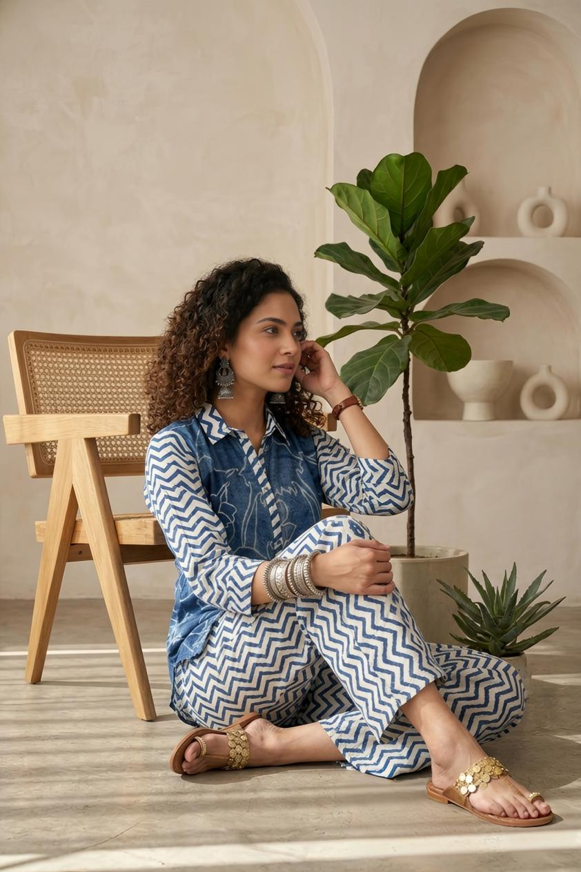 Indigo Blue Printed Linen 2-Piece Co-ord Set for Women
