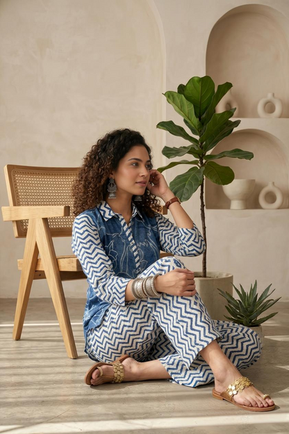 Indigo Blue Printed Linen 2-Piece Co-ord Set for Women