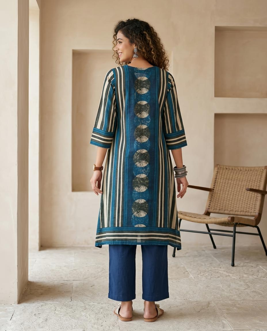 Indigo Blue Striped Muslin Ready to Wear 2 Piece Suit Set