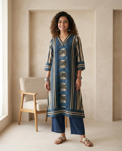 Indigo Blue Striped Muslin Ready to Wear 2 Piece Suit Set