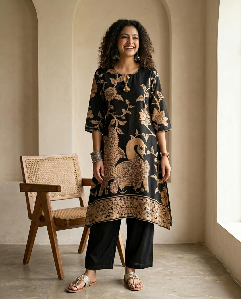 Black Kalamkari : Muslin Ready to Wear 2 Piece Suit Set