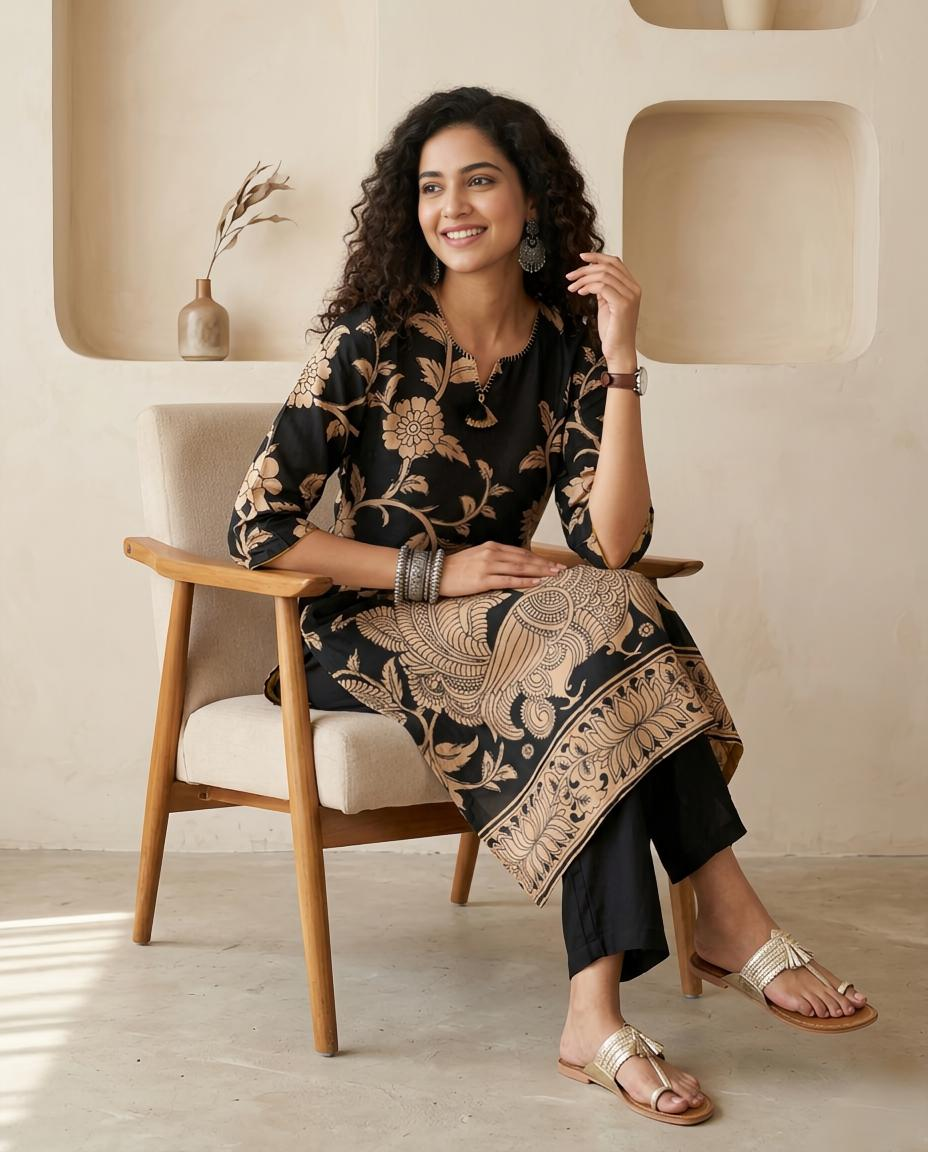 Black Kalamkari : Muslin Ready to Wear 2 Piece Suit Set