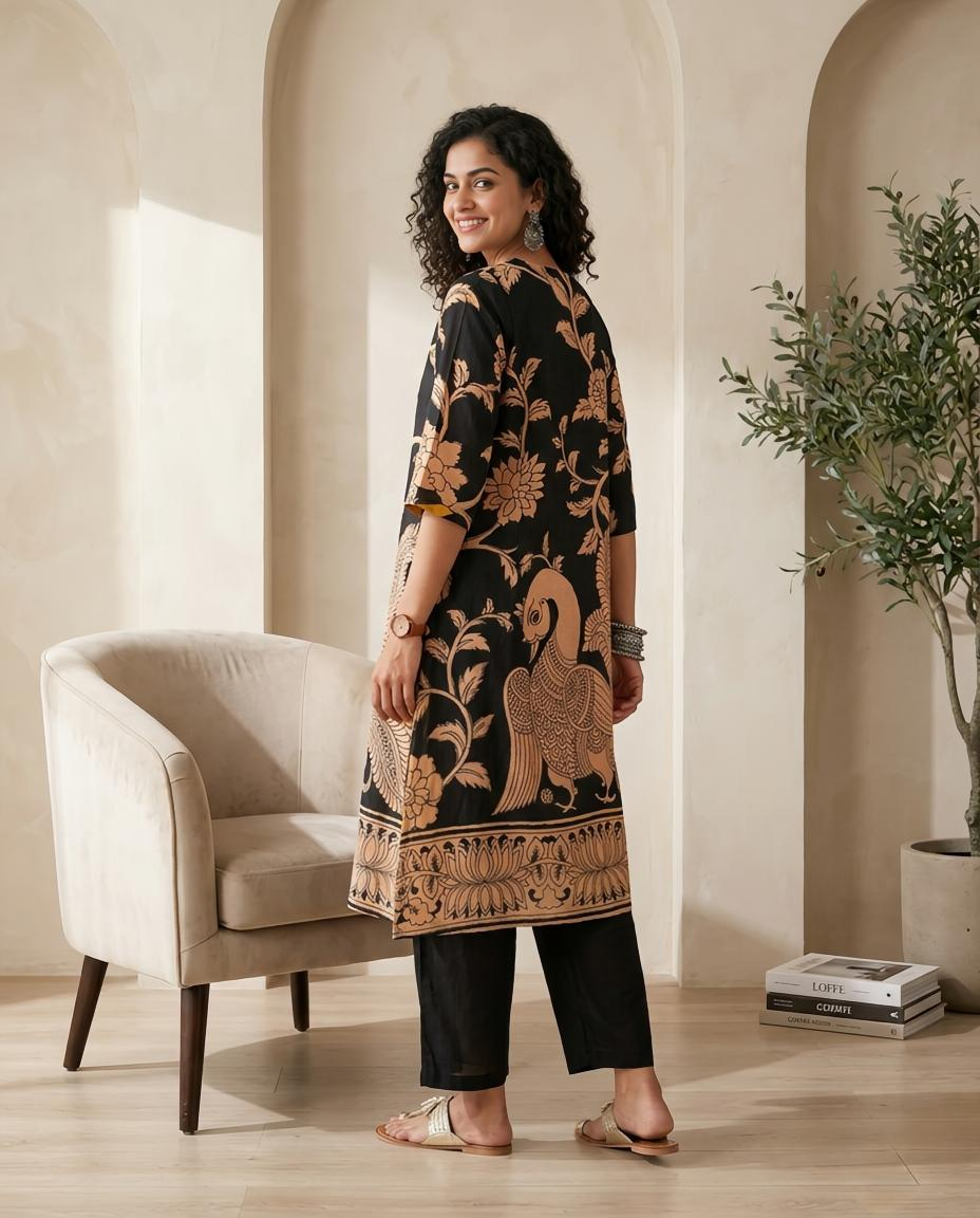 Black Kalamkari : Muslin Ready to Wear 2 Piece Suit Set