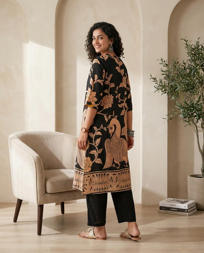 Black Kalamkari : Muslin Ready to Wear 2 Piece Suit Set