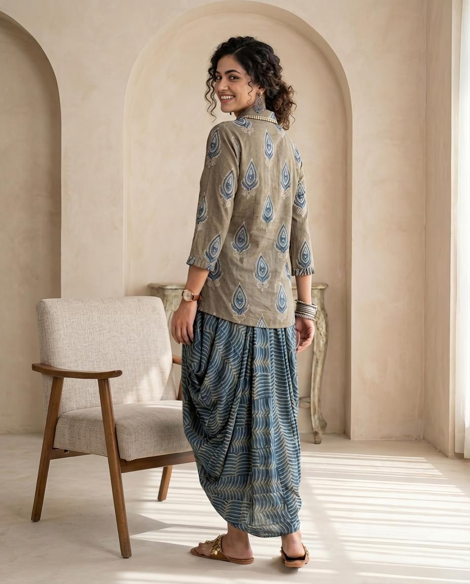 Premium Muslin Printed 2-Piece Ready  To Wear Coord Set with Cowl Skirt