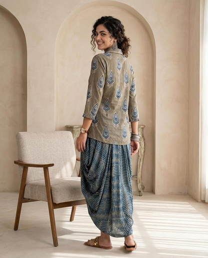 Premium Muslin Printed 2-Piece Ready  To Wear Coord Set with Cowl Skirt