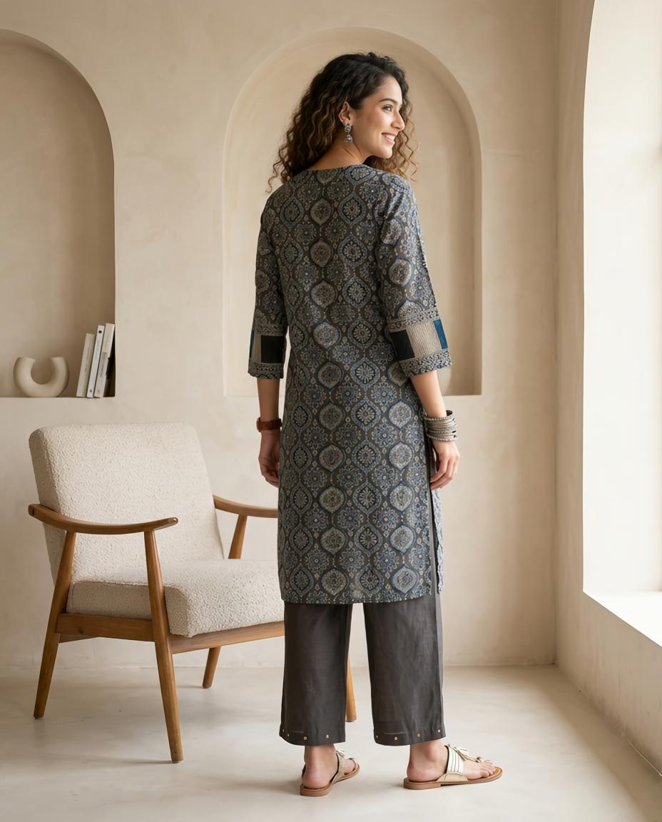 Blue and Grey Checked Muslin Ready to Wear 2 Piece Suit Set