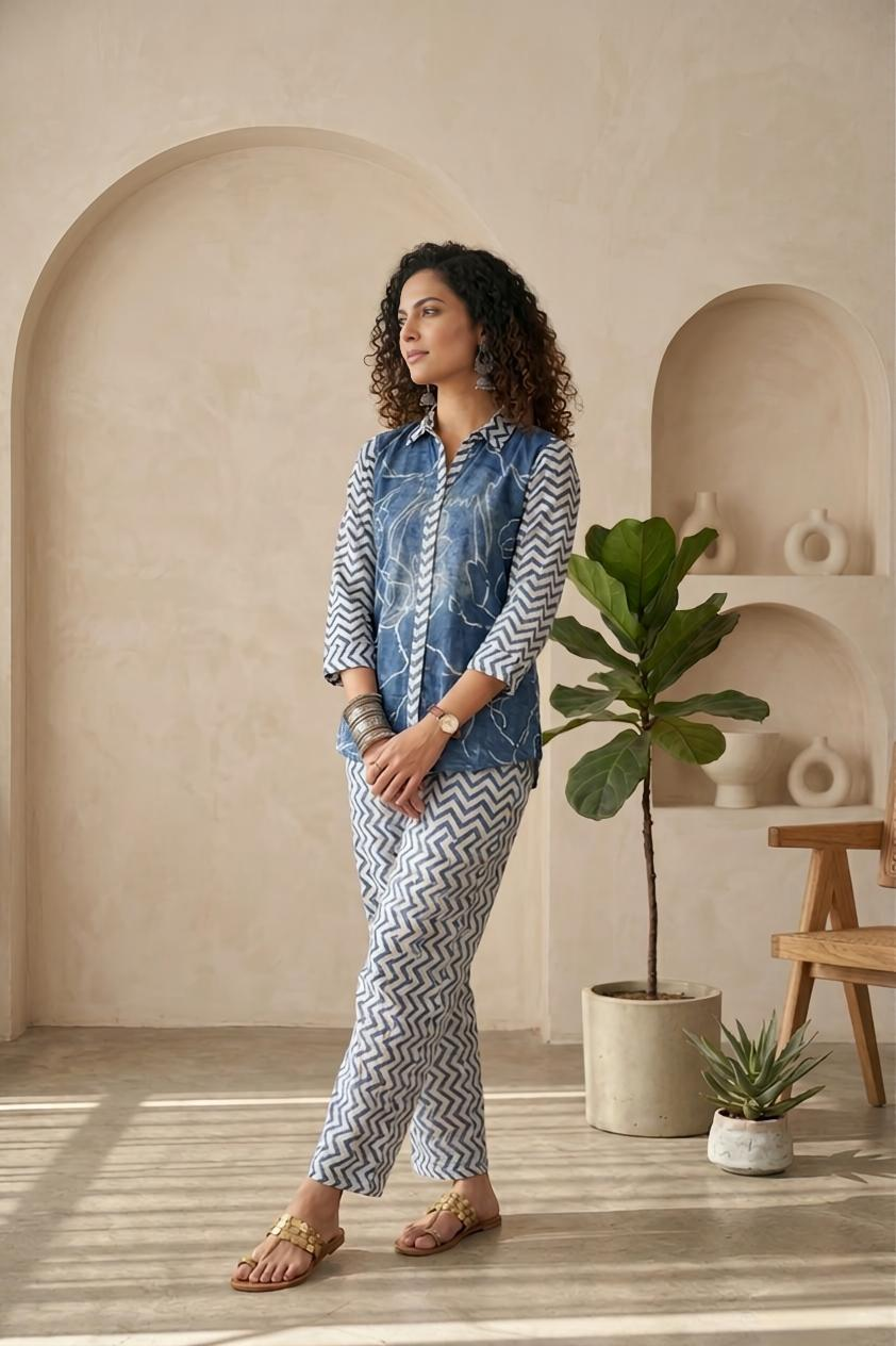 Indigo Blue Printed Linen 2-Piece Co-ord Set for Women