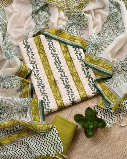 Elegant Olive Green Schiffli Embroidery Kota Doria Unstitched Suit Set
