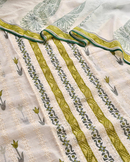 Elegant Olive Green Schiffli Embroidery Kota Doria Unstitched Suit Set