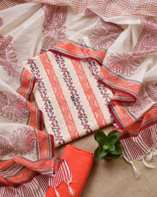 Peach & Terracotta Kota Doria Unstitched Schiffli Suit Set with Floral Embroidery