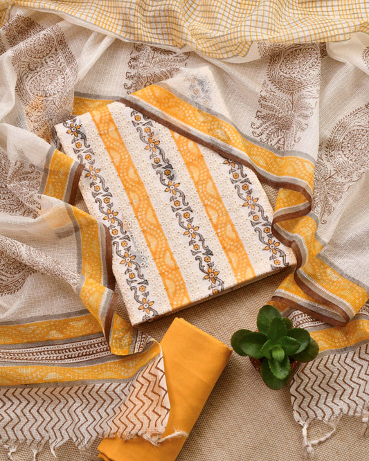 Mustard Yellow Kota Doria Unstitched Suit Set – Embroidered Schiffli & Floral Print