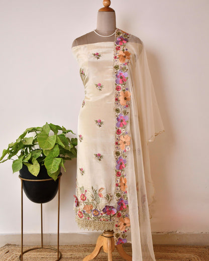 Crepe Silk Applique Embroidered Unstitched Suit Set