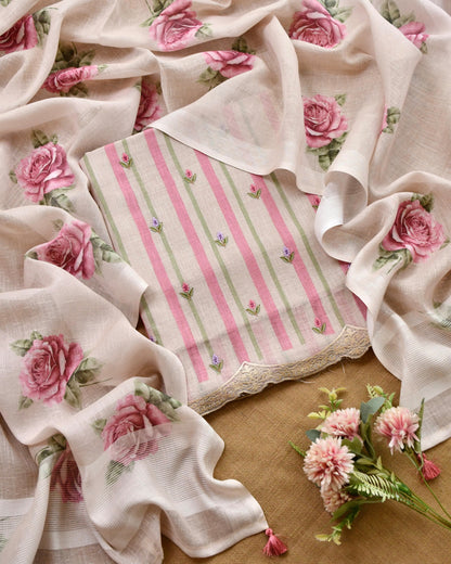 Pastel Meadow Striped Linen 3-Piece Unstitched Ethnic Suit Set