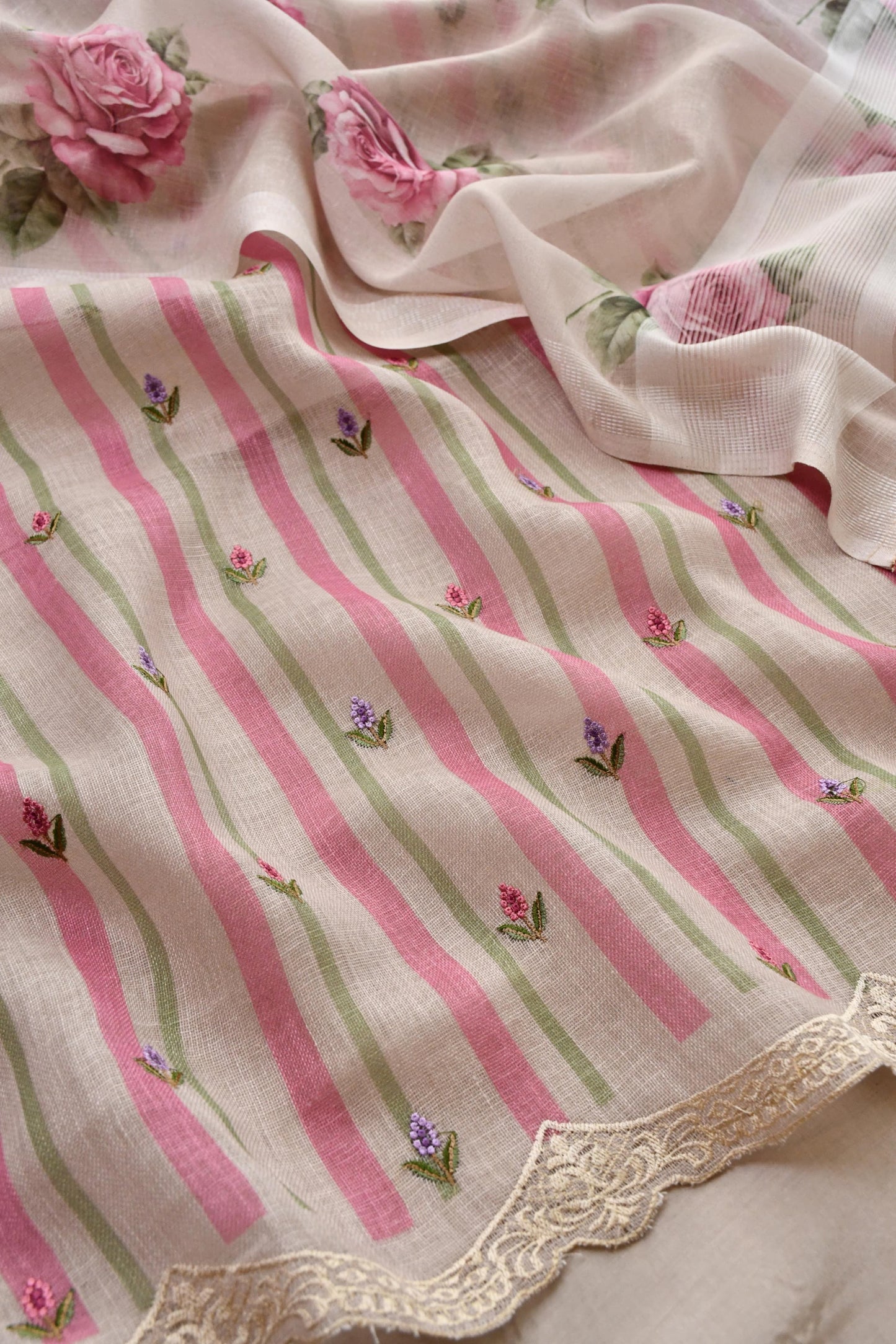 Pastel Meadow Striped Linen 3-Piece Unstitched Ethnic Suit Set