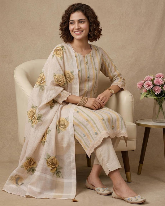 Pastel Meadow Striped Linen 3-Piece Unstitched Ethnic Suit Set