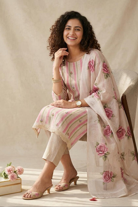 Pastel Meadow Striped Linen 3-Piece Unstitched Ethnic Suit Set
