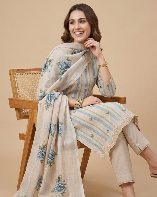 Pastel Meadow Striped Linen 3-Piece Unstitched Ethnic Suit Set