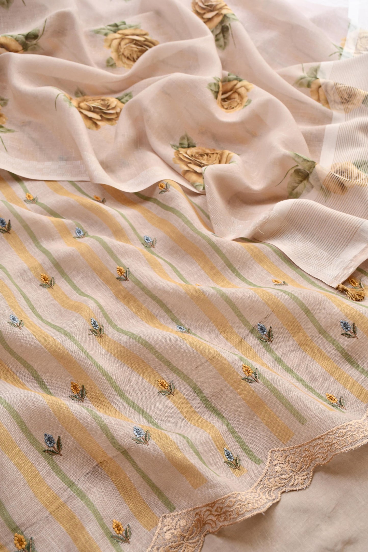 Pastel Meadow Striped Linen 3-Piece Unstitched Ethnic Suit Set