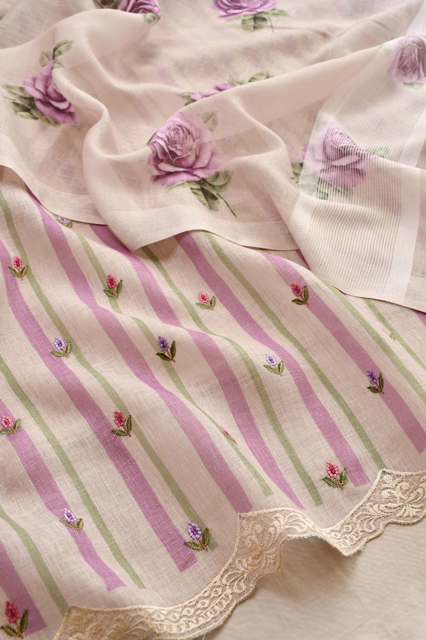 Pastel Meadow Striped Linen 3-Piece Unstitched Ethnic Suit Set