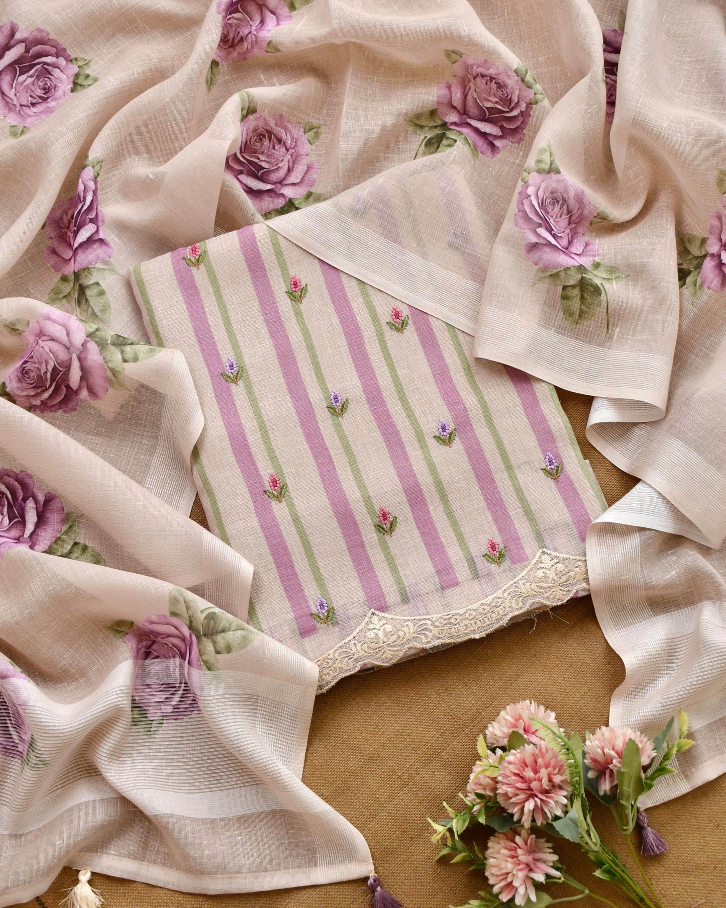 Pastel Meadow Striped Linen 3-Piece Unstitched Ethnic Suit Set
