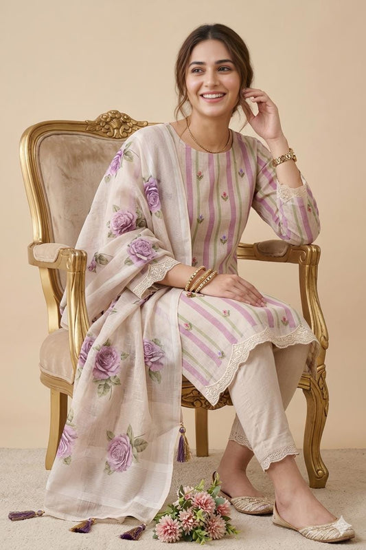 Pastel Meadow Striped Linen 3-Piece Unstitched Ethnic Suit Set