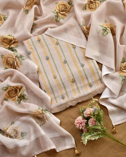 Pastel Meadow Striped Linen 3-Piece Unstitched Ethnic Suit Set