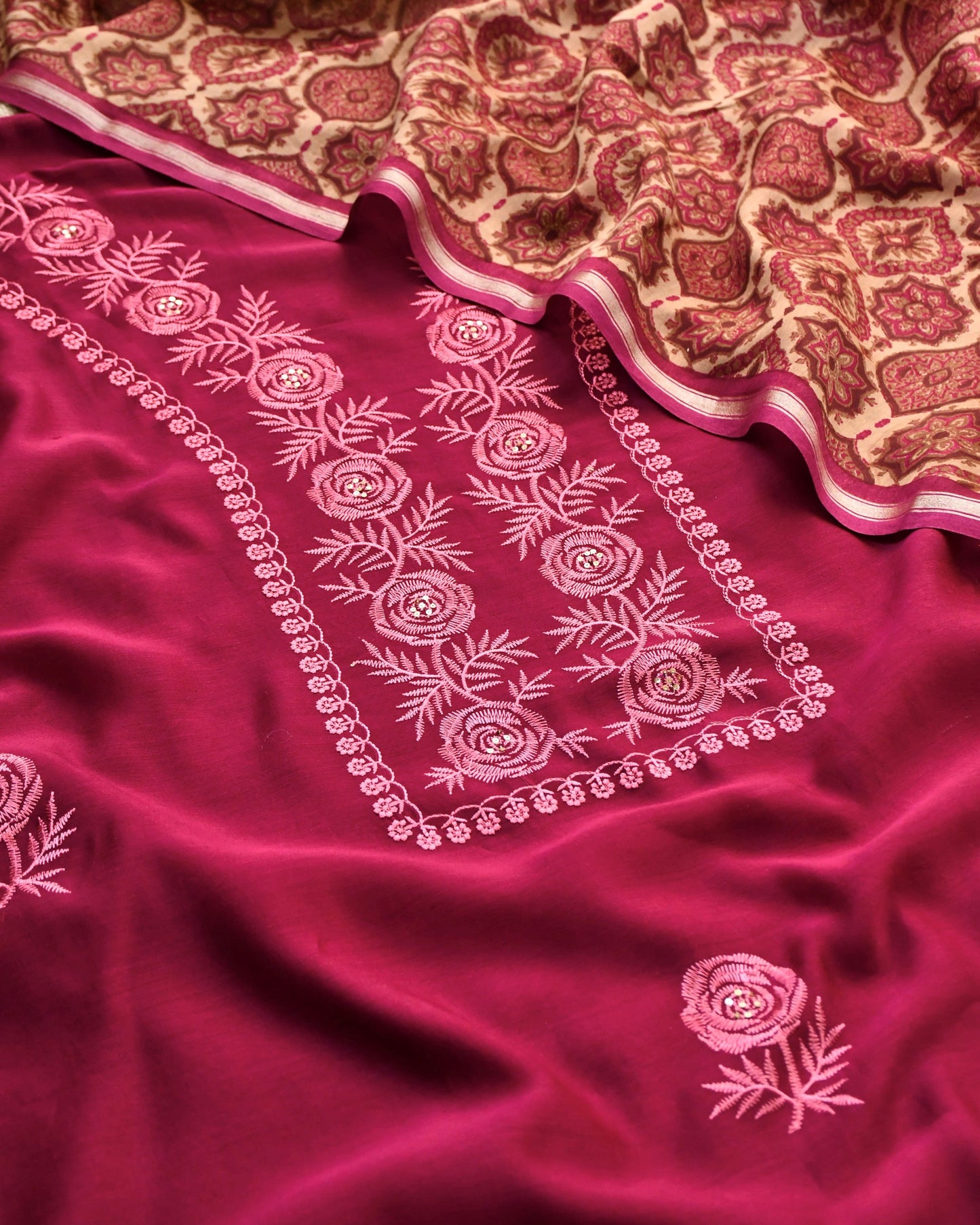 Handwoven Maheshwari Silk Embroidered Unstitched Suit